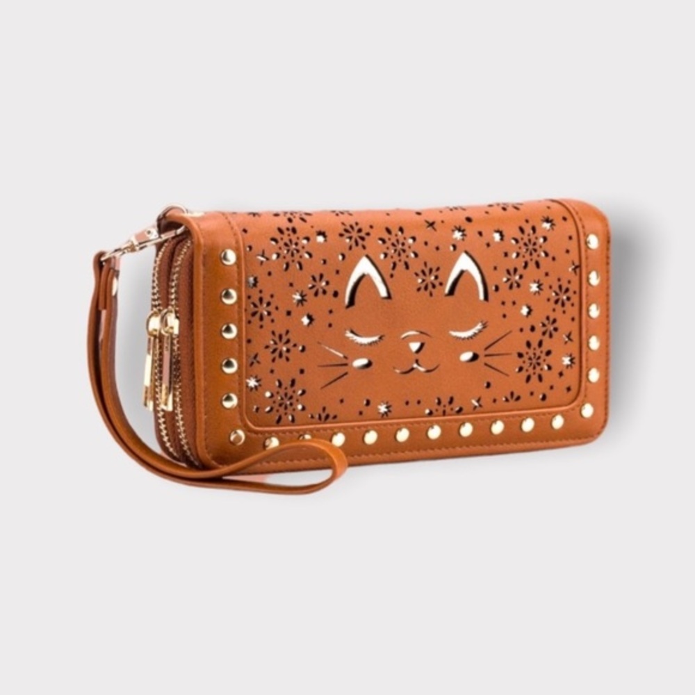 Cat Cognac Wallet Hollow Floral Wristlet Zip Around Pouch with Perforated Stud